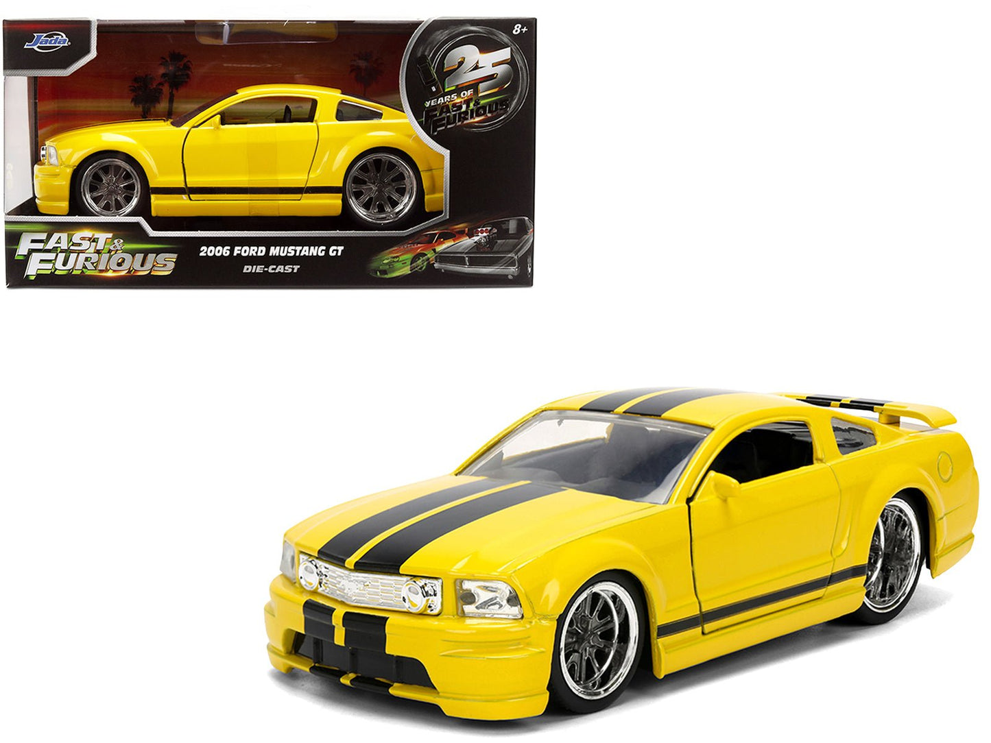 2006 Ford Mustang GT Yellow with Black Stripes "Fast & Furious 25 Years" Series 1/32 Diecast Model Car by Jada free shipping USA