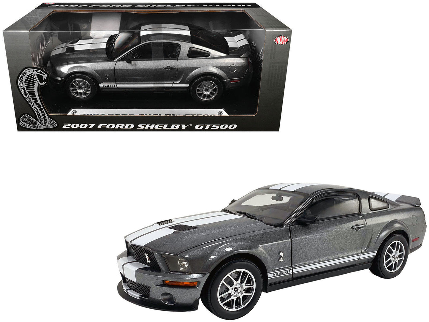 2007 Ford Shelby GT500 Alloy Gray Metallic with White Stripes "Shelby Collectibles" Series 1/18 Diecast Model Car by ACME free shipping USA