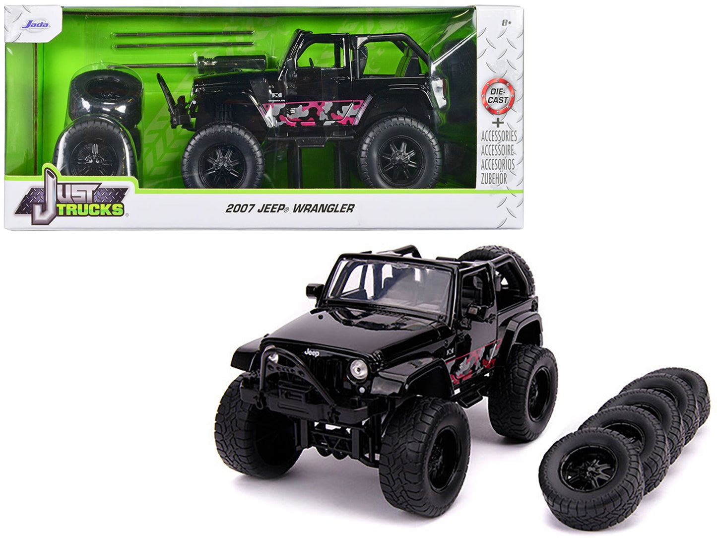 2007 Jeep Wrangler Black with Extra Wheels "Just Trucks" Series 1/24 Diecast Model Car by Jada free shipping USA