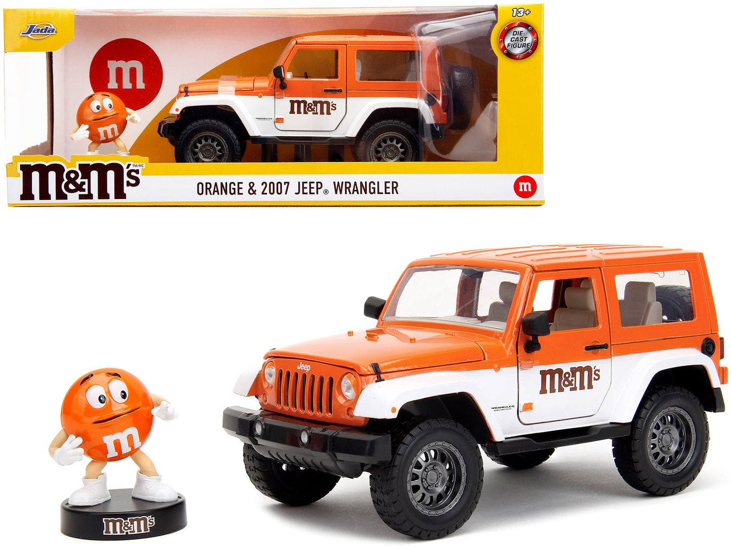 2007 Jeep Wrangler Orange Metallic and White and Orange M&M Diecast Figure "M&M's" "Hollywood Rides" Series 1/24 Diecast Model Car by Jada free shipping USA