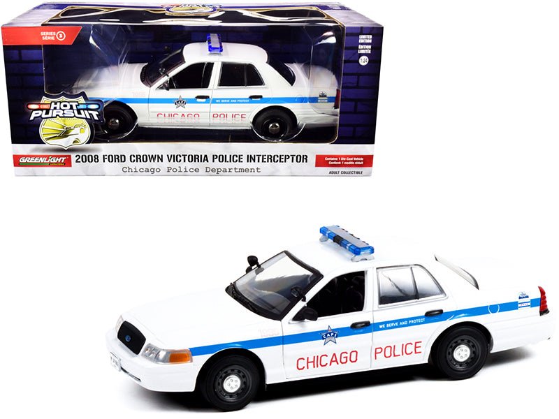 2008 Ford Crown Victoria Police Interceptor "CAPS" White with Blue Stripes "Chicago Police Department" "Hot Pursuit" Series 1/24 Diecast Model Car by Greenlight free shipping USA