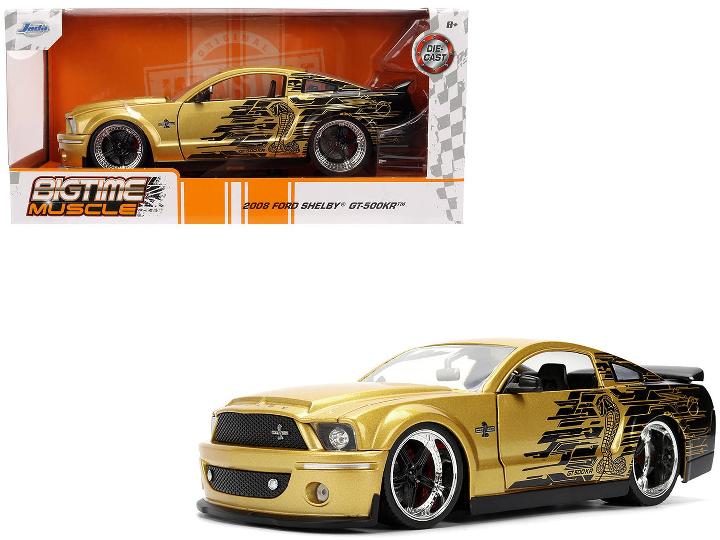 2008 Ford Shelby Mustang GT-500KR Gold Metallic and Black with Graphics "Bigtime Muscle" Series 1/24 Diecast Model Car by Jada free shipping USA