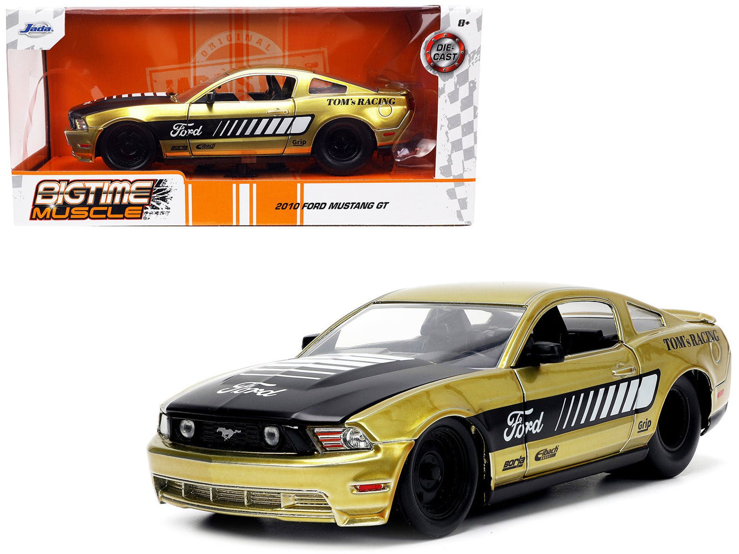 2010 Ford Mustang GT Gold Metallic with Black Graphics and Hood "Tom's Racing" "Bigtime Muscle" Series 1/24 Diecast Model Car by Jada free shipping USA