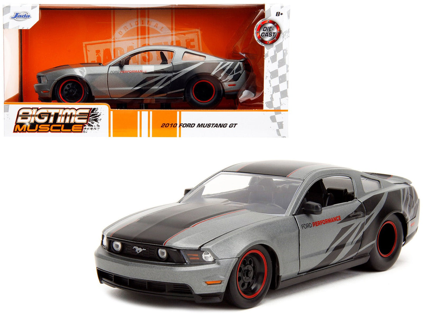 2010 Ford Mustang GT Matt Gray Metallic with Black Graphics and Stripes "Ford Performance" "Bigtime Muscle" Series 1/24 Diecast Model Car by Jada free shipping USA