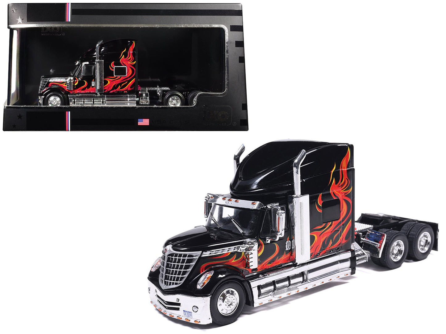 2010 International Lonestar Truck Tractor Black with Flame Graphics 1/64 Diecast Model by IXO Models free shipping USA