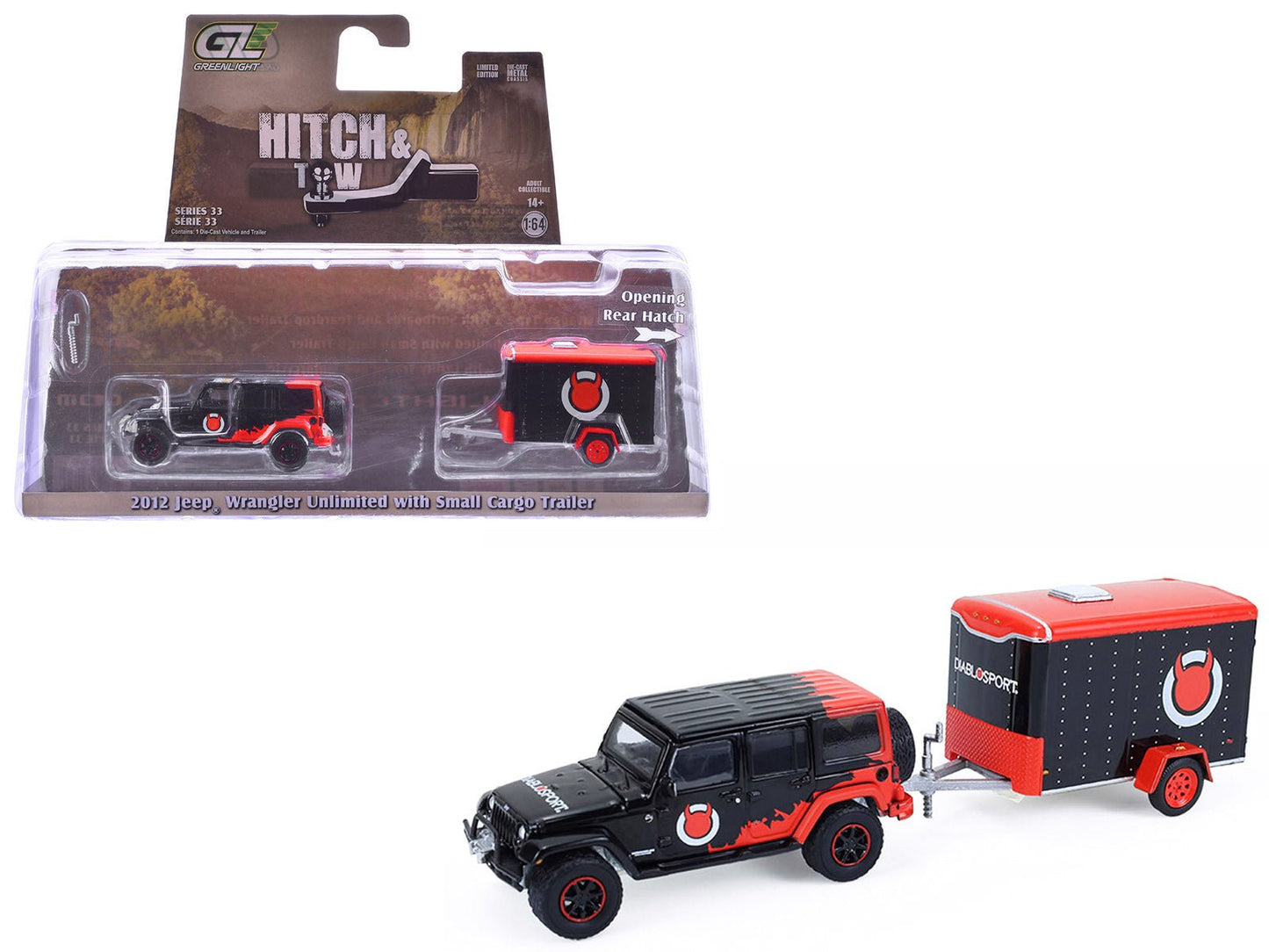 2012 Jeep Wrangler Unlimited "Diablo Sport" Black with Red Graphics and Small Cargo Trailer "Hitch & Tow" Series 33 1/64 Diecast Model Cars by Greenlight free shipping USA
