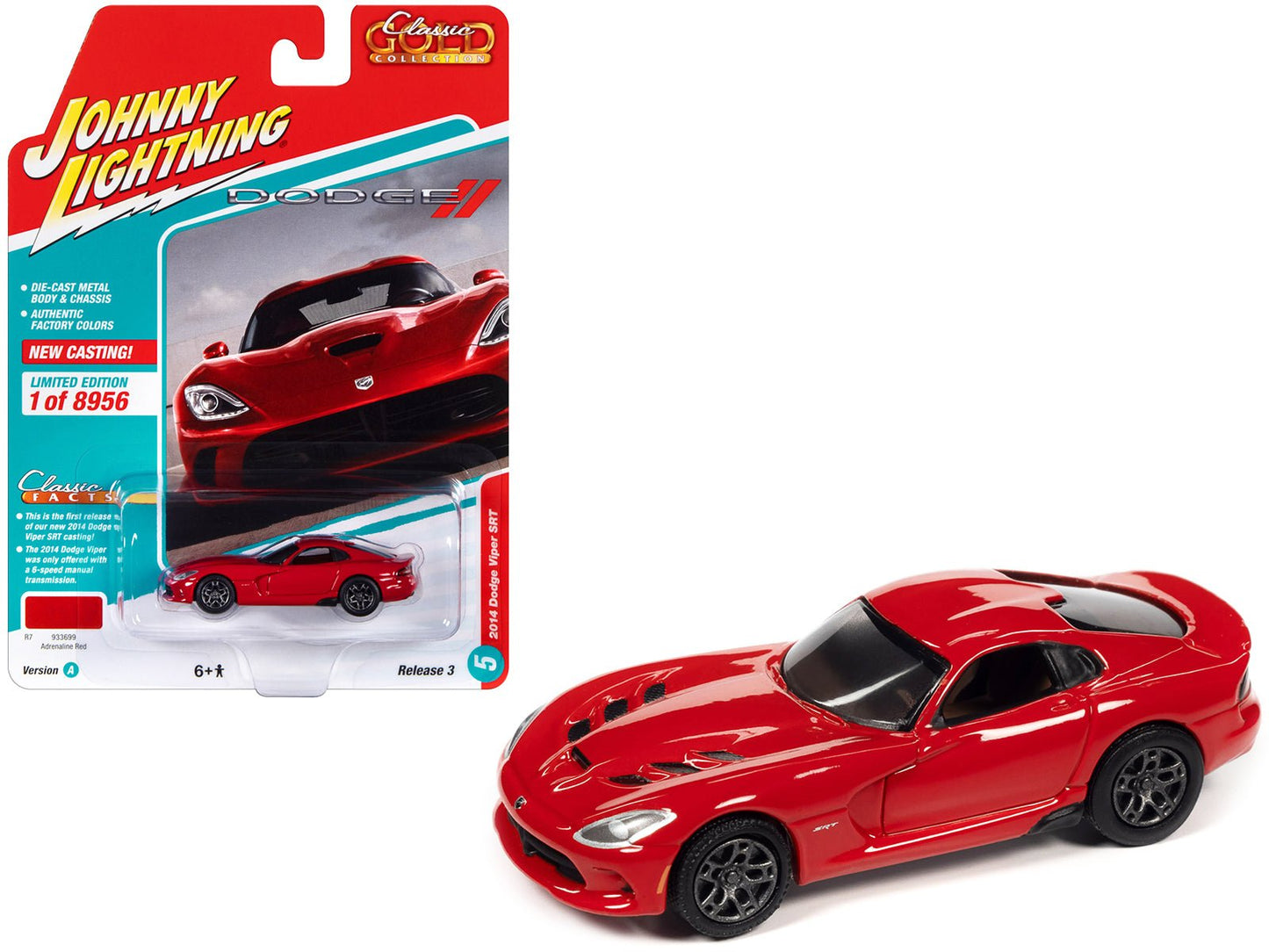2014 Dodge Viper SRT Adrenaline Red "Classic Gold Collection" Series Limited Edition to 8956 pieces Worldwide 1/64 Diecast Model Car by Johnny Lightning free shipping USA