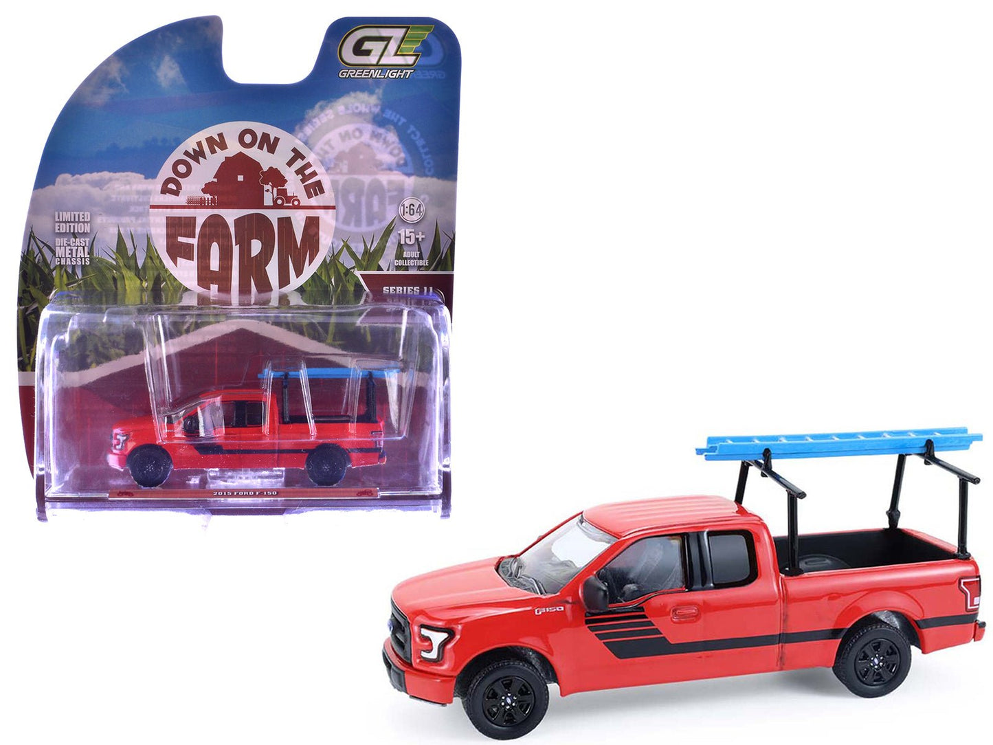 2015 Ford F-150 Pickup Truck with Ladder Rack Red with Black Stripes "Down on the Farm" Series 11 1/64 Diecast Model by Greenlight free shipping USA