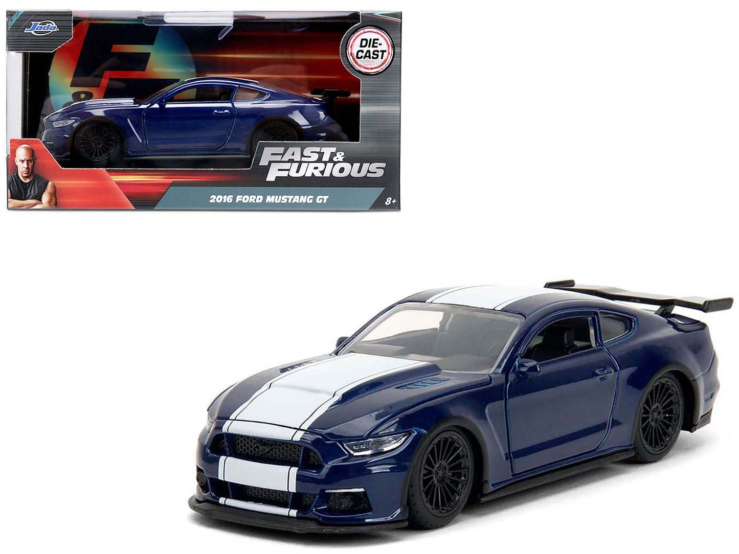 2016 Ford Mustang GT Dark Blue Metallic with White Stripe "F9" (2021) Movie "Fast & Furious" Series 1/32 Diecast Model Car by Jada free shipping USA