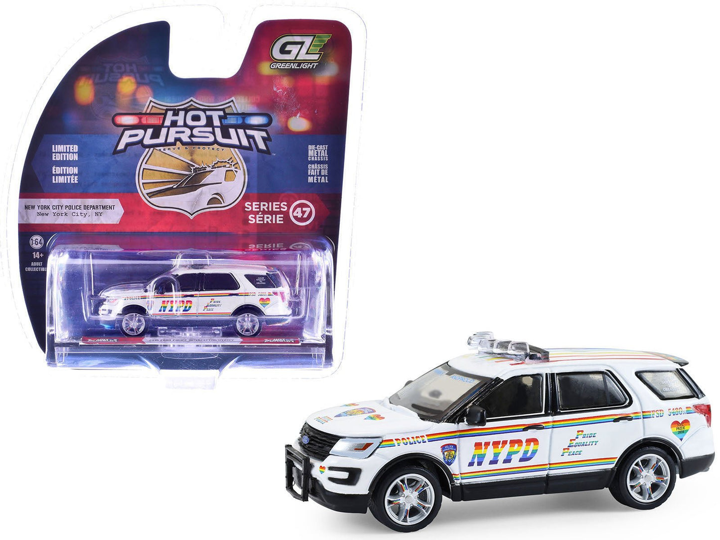 2016 Ford Police Interceptor Utility "New York Police Department (NYPD) Pride Livery" White with Rainbow Stripes "Hot Pursuit" Series 47 1/64 Diecast Model Car by Greenlight free shipping USA