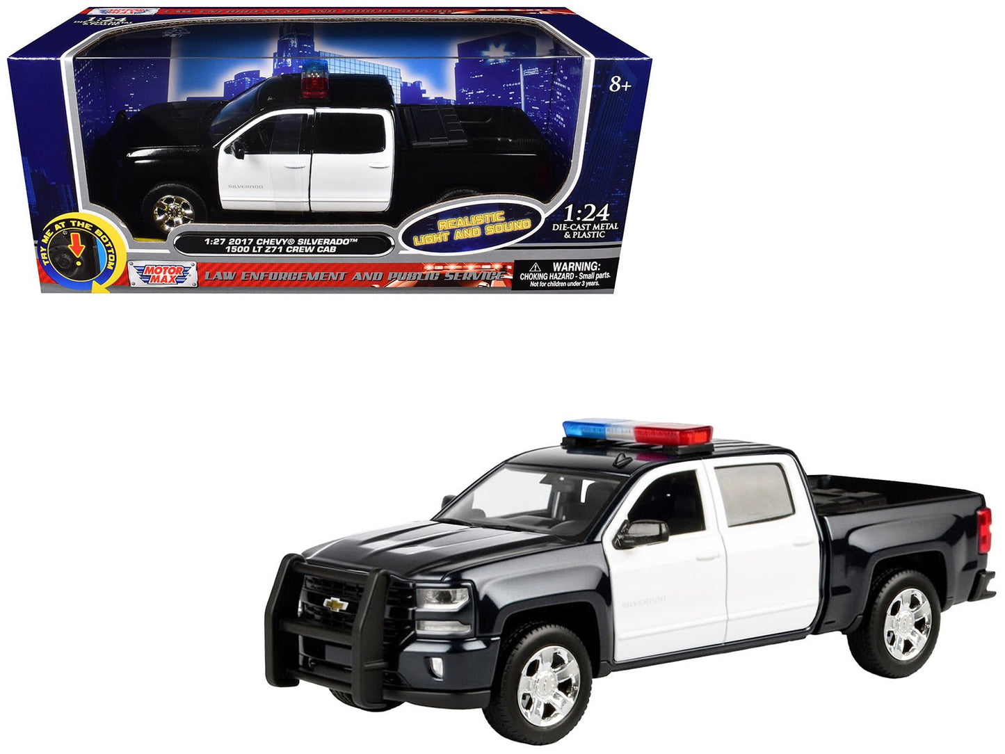 2017 Chevrolet Silverado 1500 LT Z71 Crew Cab Pickup Truck Black and White with Flashing Light Bar and Front and Rear Lights and Sounds 1/27 Diecast Model Car by Motormax free shipping USA