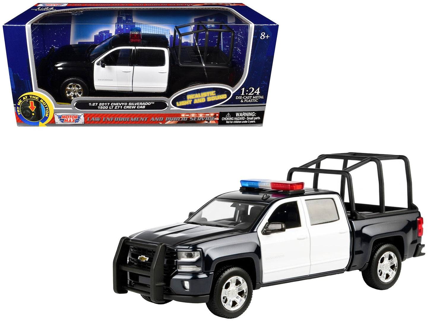2017 Chevrolet Silverado 1500 LT Z71 Crew Cab Pickup Truck with Bed Cage Black and White with Flashing Light Bar and Front and Rear Lights and Sounds 1/27 Diecast Model Car by Motormax free shipping USA