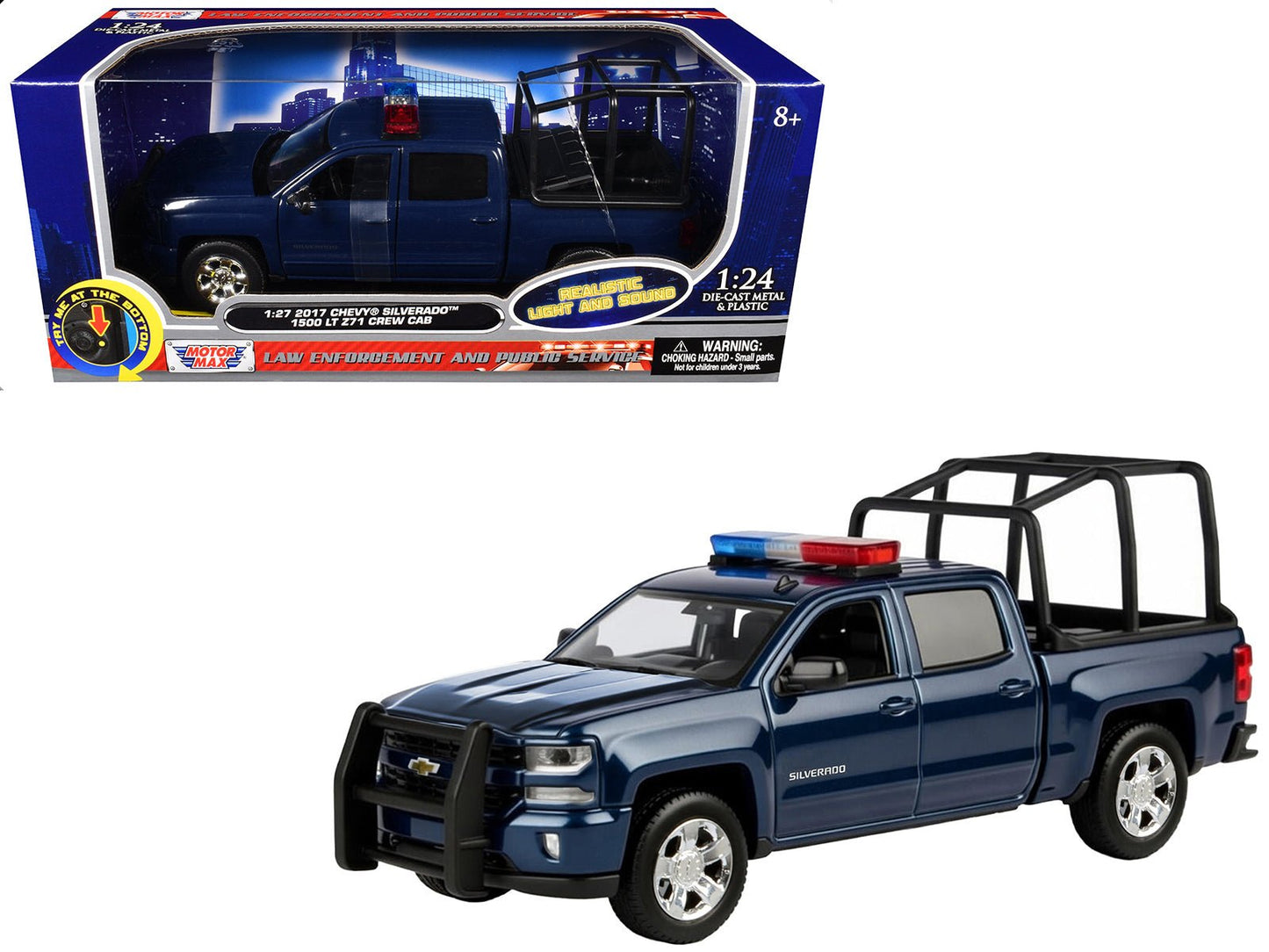 2017 Chevrolet Silverado 1500 LT Z71 Crew Cab Pickup Truck with Bed Cage Dark Blue with Flashing Light Bar and Front and Rear Lights and Sounds 1/27 Diecast Model Car by Motormax free shipping USA
