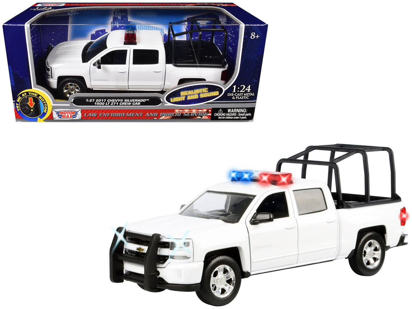 2017 Chevrolet Silverado 1500 LT Z71 Crew Cab Pickup Truck with White with Flashing Light Bar and Front and Rear Lights and Sounds 1/27 Diecast Model Car by Motormax free shipping USA