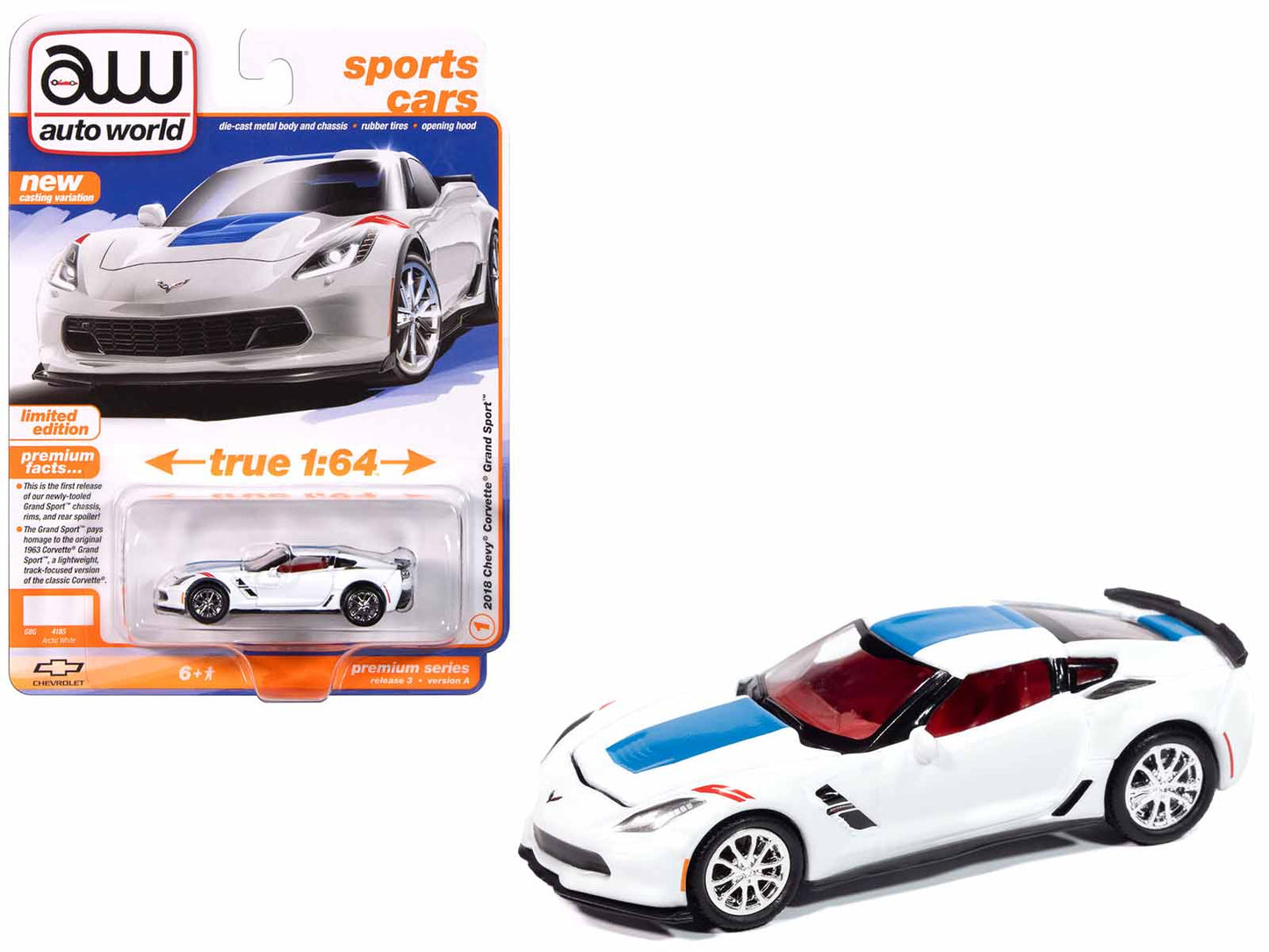 2018 Chevrolet Corvette Grand Sport Arctic White with Blue Stripe and Red Interior "Sports Cars" Series 1/64 Diecast Model Car by Auto World free shipping USA