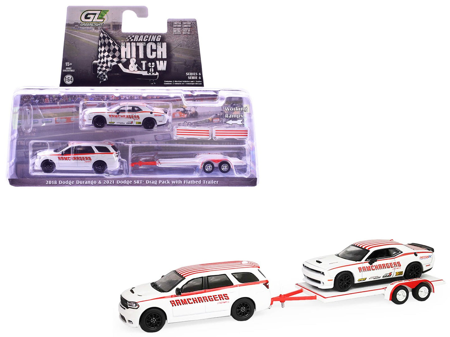 2018 Dodge Durango White with Red Stripes and 2021 Dodge Challenger SRT White with Red Stripes "Ramchargers" with Flatbed Trailer "Racing Hitch & Tow" Series 6 1/64 Diecast Model Cars by Greenlight free shipping USA