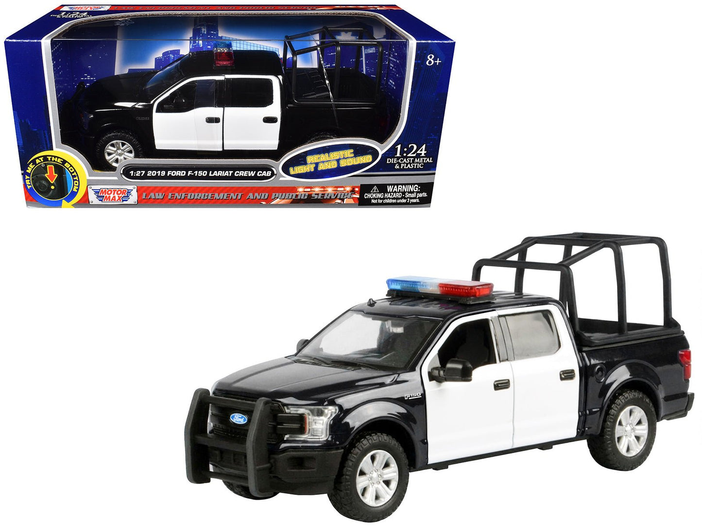 2019 Ford F-150 Lariat Crew Cab Pickup Truck with Bed Cage Black and White with Flashing Light Bar and Front and Rear Lights and Sounds 1/27 Diecast Model Car by Motormax free shipping USA
