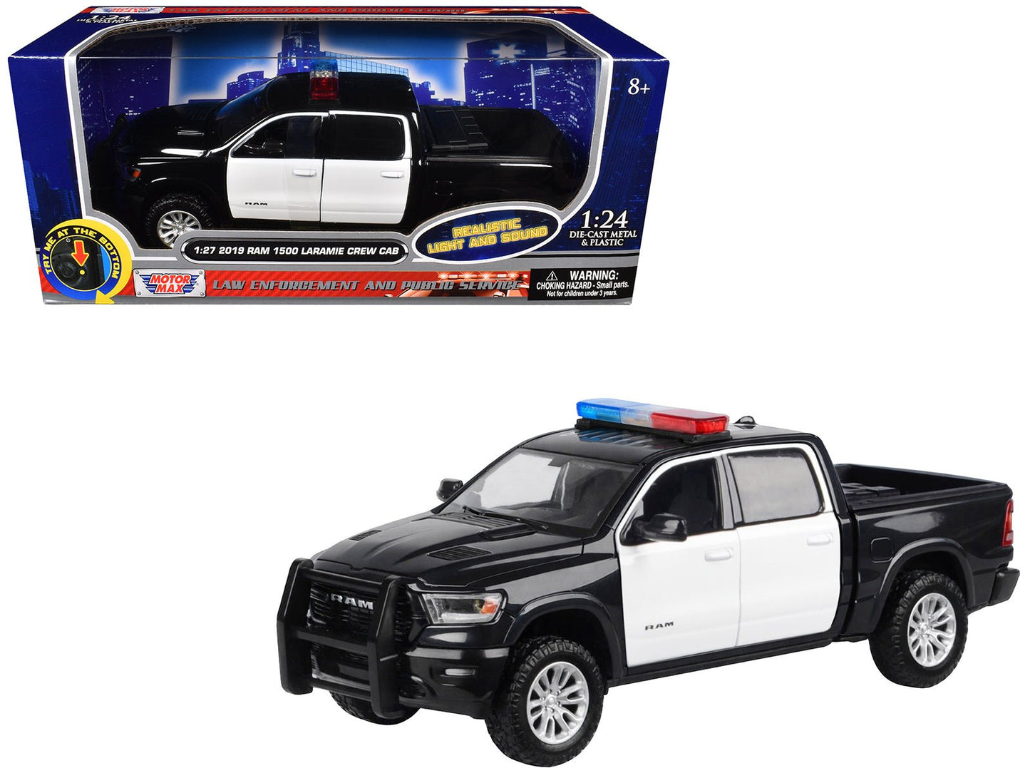 2019 RAM 1500 Laramie Crew Cab Pickup Truck Black and White with Flashing Light Bar and Front and Rear Lights and Sounds 1/27 Diecast Model Car by Motormax free shipping USA