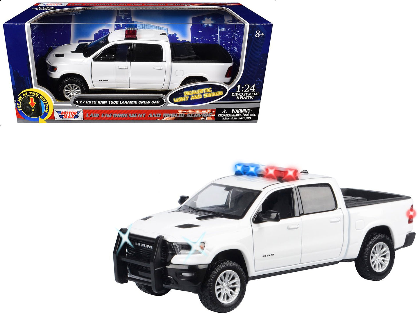 2019 RAM 1500 Laramie Crew Cab Pickup Truck White with Flashing Light Bar and Front and Rear Lights and Sounds 1/27 Diecast Model Car by Motormax free shipping USA