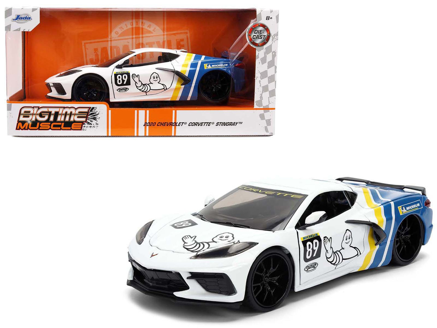 2020 Chevrolet Corvette Stingray C8 #89 "Michelin" White with Yellow and Blue Stripes "Bigtime Muscle" Series 1/24 Diecast Model Car by Jada free shipping USA
