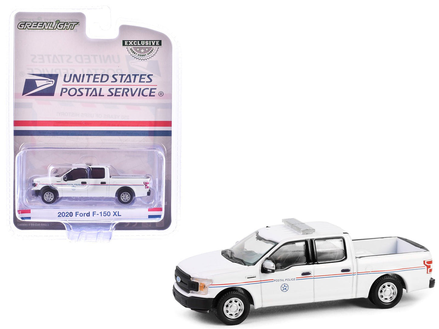 2020 Ford F-150 XL Pickup Truck "United States Postal Service (USPS) Postal Police" White with Red and Blue Stripes "Hobby Exclusive" Series 1/64 Diecast Model Car by Greenlight free shipping USA