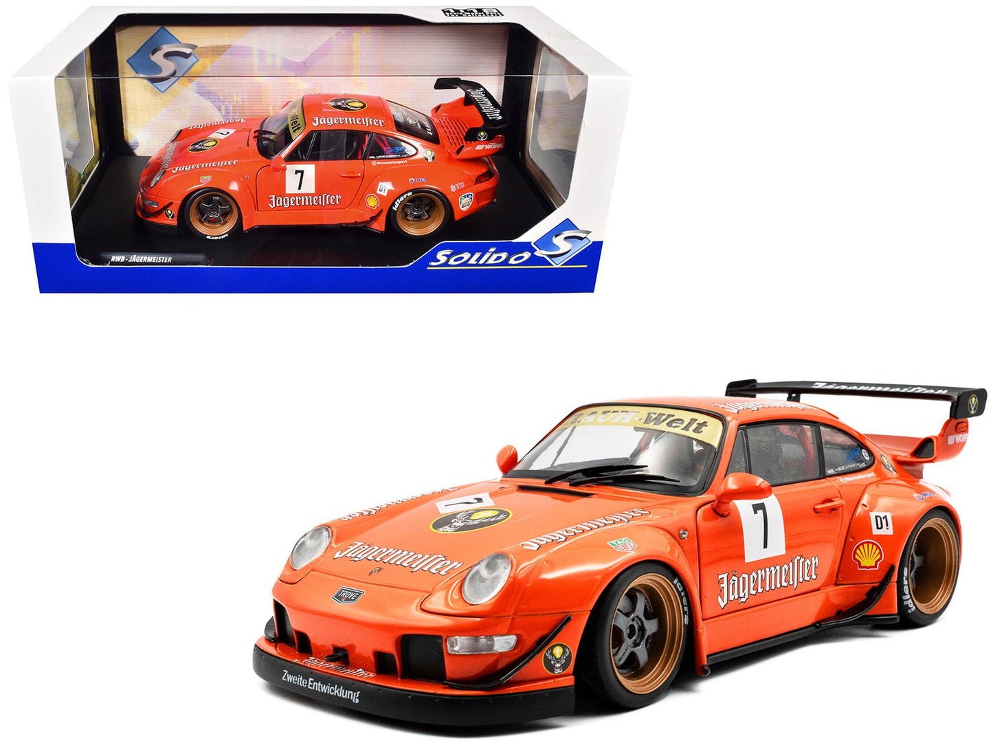 2020 RWB Bodykit #7 "Jagermeister" Orange with Graphics 1/18 Diecast Model Car by Solido free shipping USA