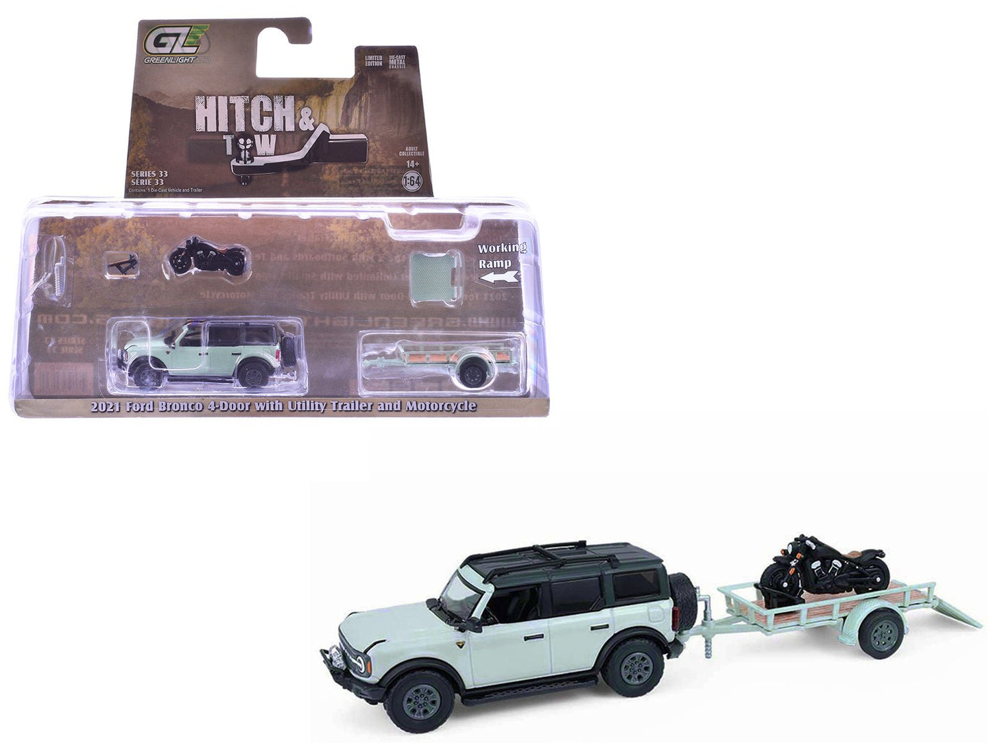 2021 Ford Bronco 4-Door Badlands Cactus Gray with Black Top and Motorcycle with Utility Trailer "Hitch & Tow" Series 33 1/64 Diecast Model Cars by Greenlight free shipping USA