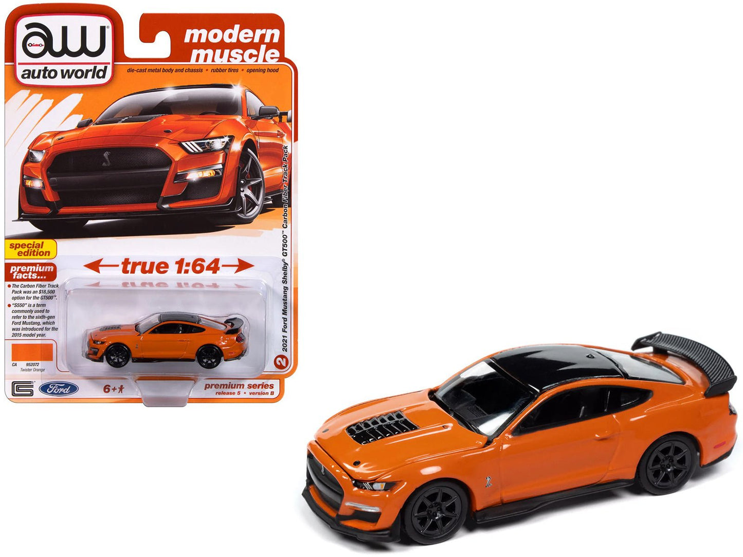 2021 Ford Mustang Shelby GT500 Carbon Fiber Track Pack Twister Orange with Black Top "Modern Muscle" Series 1/64 Diecast Model Car by Auto World free shipping USA