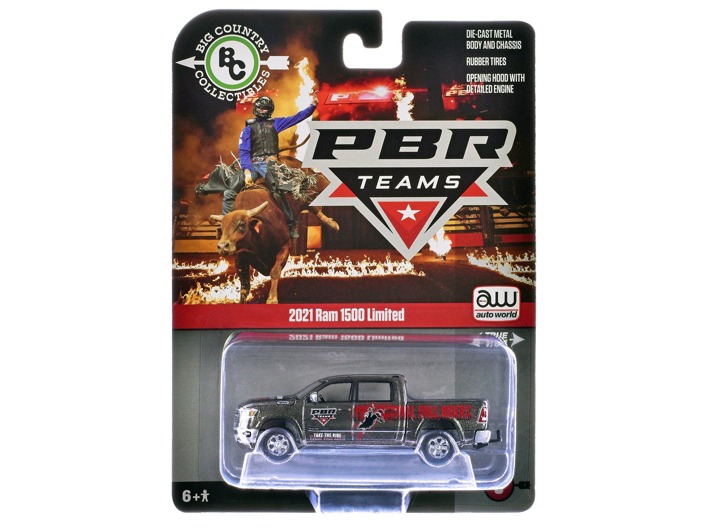 2021 Ram 1500 Limited Pickup Truck "PBR (Professional Bull Riders)" Gray Metallic with Graphics "Big Country Collectibles" 2025 Series 1/64 Diecast Model Car by Auto World free shipping USA