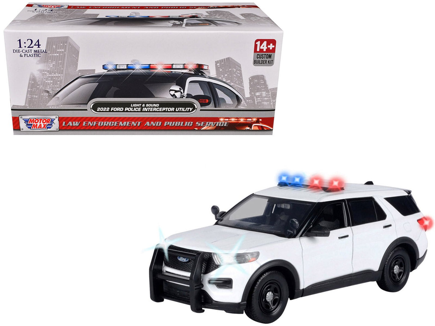 2022 Ford Police Interceptor Utility Plain White "Builder's Kit" with Flashing Light Bar and Front and Rear Lights and Sounds 1/24 Diecast Model Car by Motormax free shipping USA