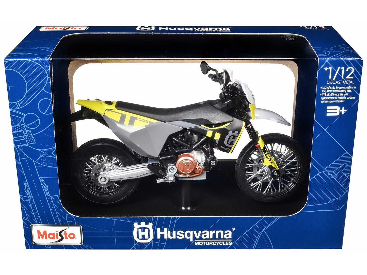 2023 Husqvarna 701 Supermoto Motorcycle Matt Black and Gray with Yellow and White Accents with Display Base 1/12 Diecast Model by Maisto free shipping USA