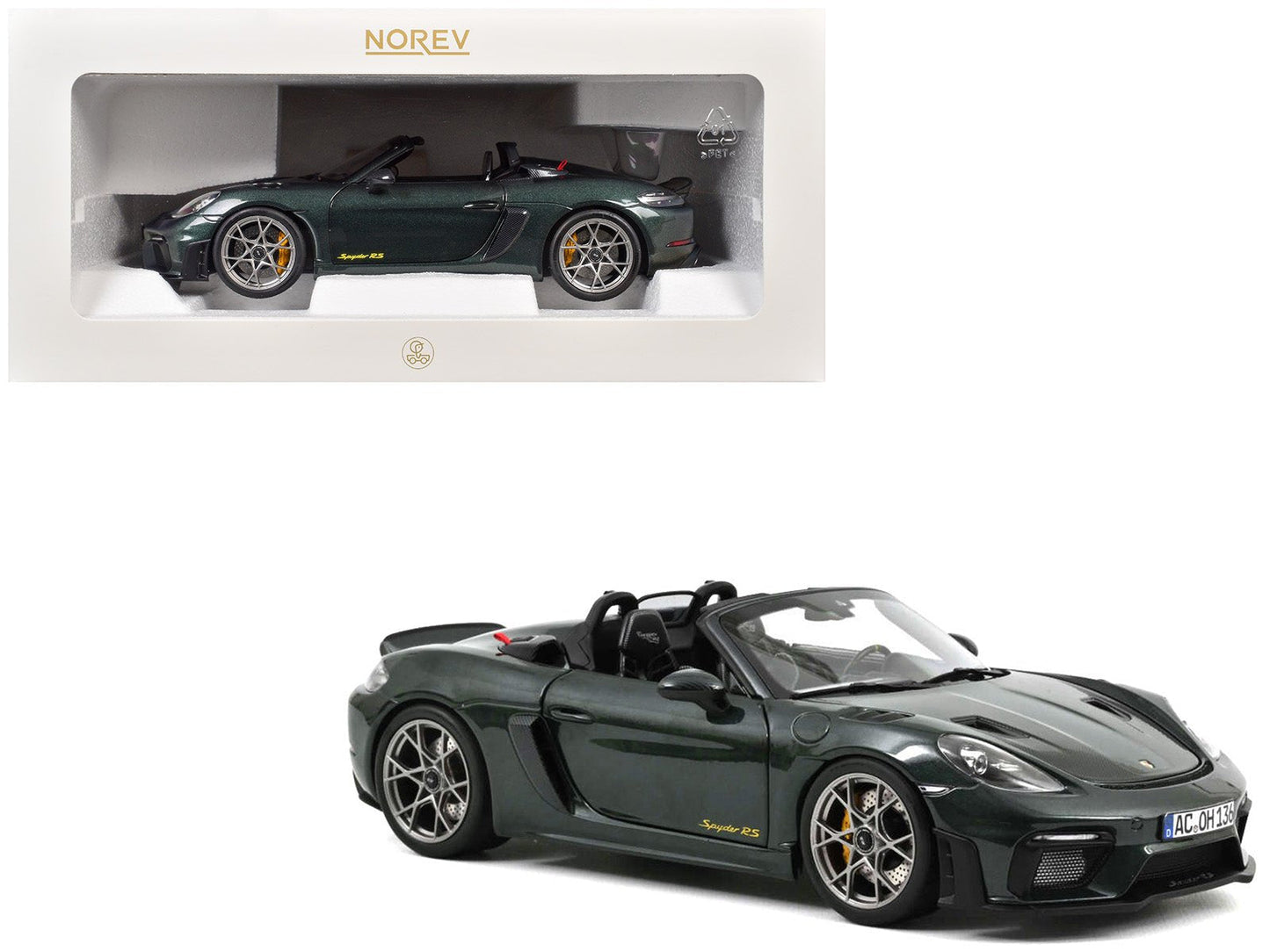 2023 Porsche 718 Spyder RS Weissach Pack Forest Green Metallic with Carbon Hood Stripes 1/18 Diecast Model Car by Norev free shipping USA