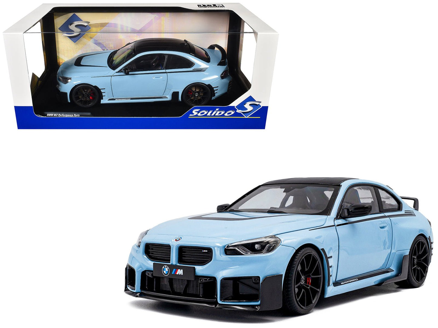 2024 BMW M2 Performance Parts Zandvoort Blue with Carbon Top and Black Stripes 1/18 Diecast Model Car by Solido free shipping USA
