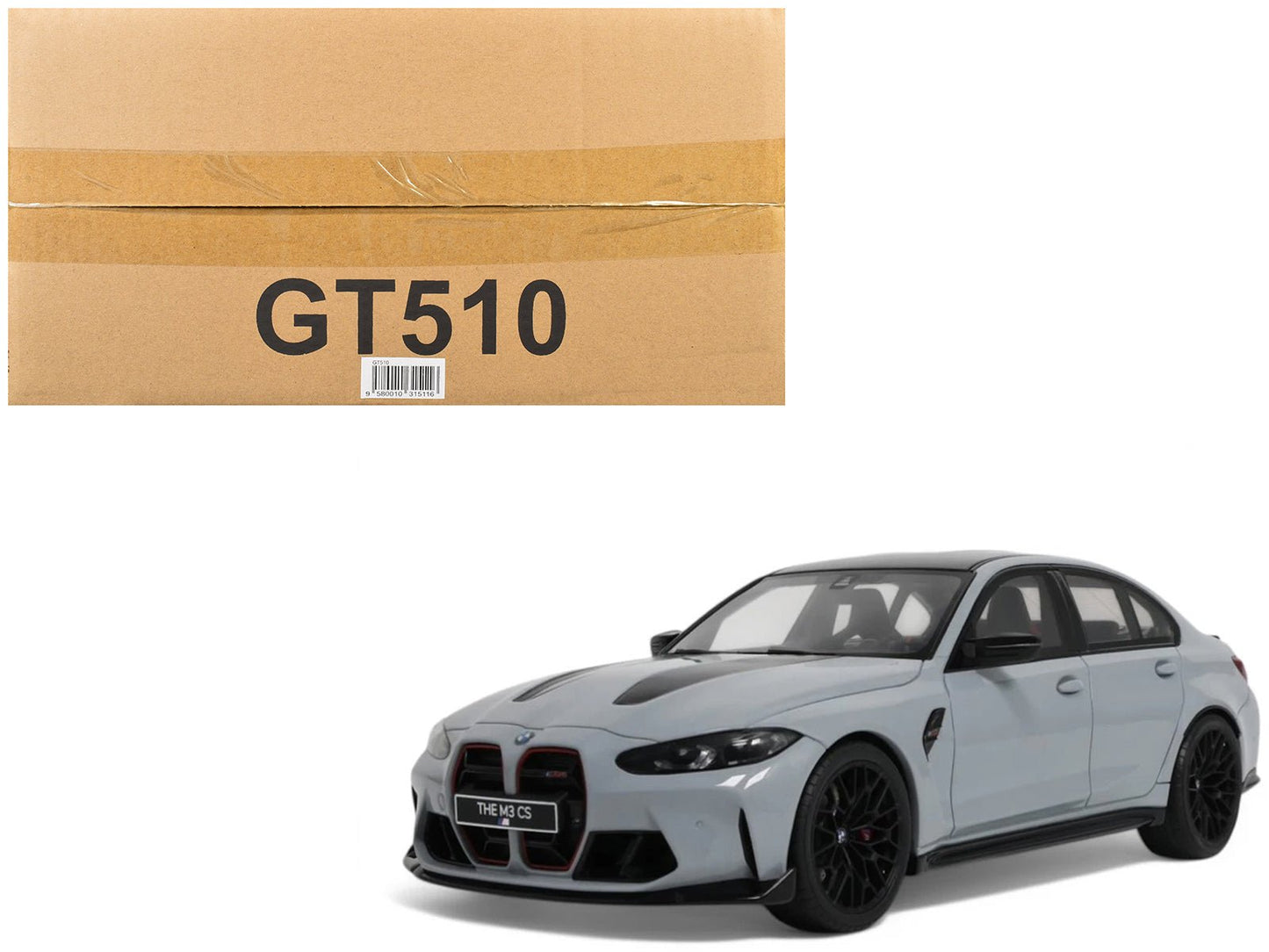 2024 BMW M3 CS M Brooklyn Gray Metallic with Black Top and Hood Stripes 1/18 Model Car by GT Spirit free shipping USA
