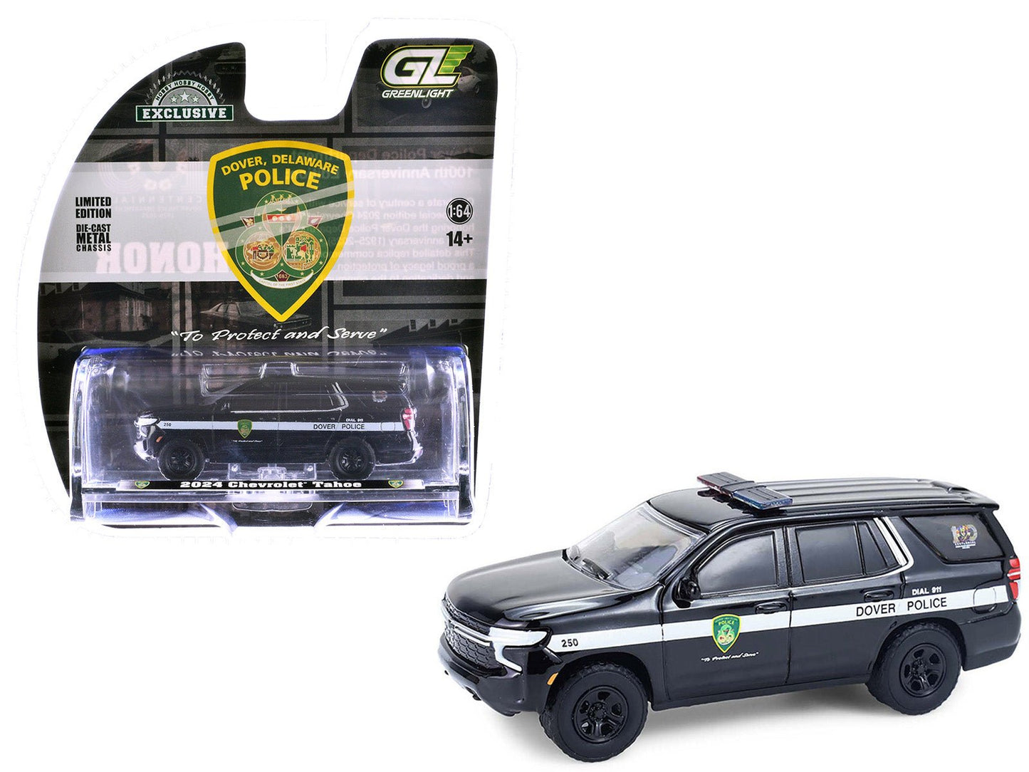 2024 Chevrolet Tahoe Police Pursuit Vehicle "Dover Police – 100th Anniversary Edition" Black with White Stripes "Hobby Exclusive" Series 1/64 Diecast Model Car by Greenlight free shipping USA