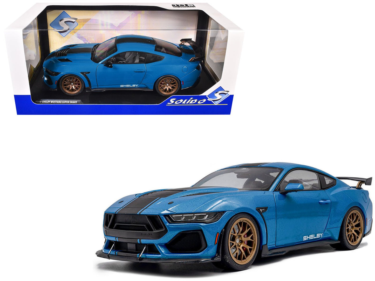 2024 Ford Shelby Mustang Super Snake Grabber Blue Metallic with Black Stripes 1/18 Diecast Model Car by Solido free shipping USA
