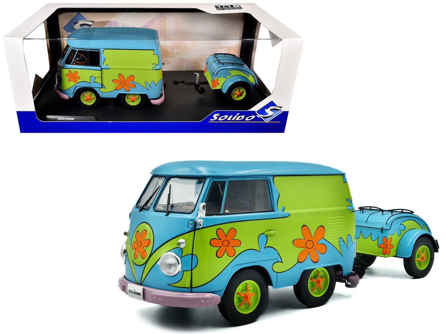 2024 Volkswagen Kool Kombi Van with Trailer "Ghost Hunter" Blue and Green with Graphics 1/18 Diecast Model Car by Solido free shipping USA