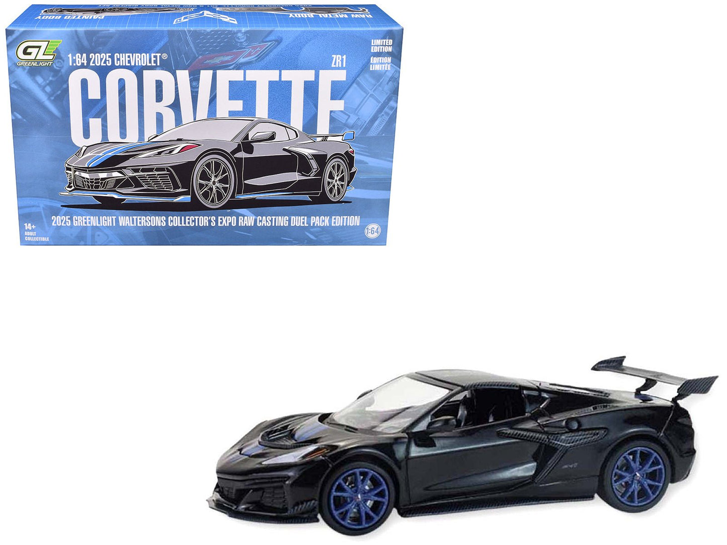 2025 Chevrolet Corvette C8 ZR1 Black with Blue Stripes with Raw Casting Dual Pack "2025 Greenlight Waltersons Collector's Expo Exclusive" 1/64 Diecast Model Car by Greenlight free shipping USA