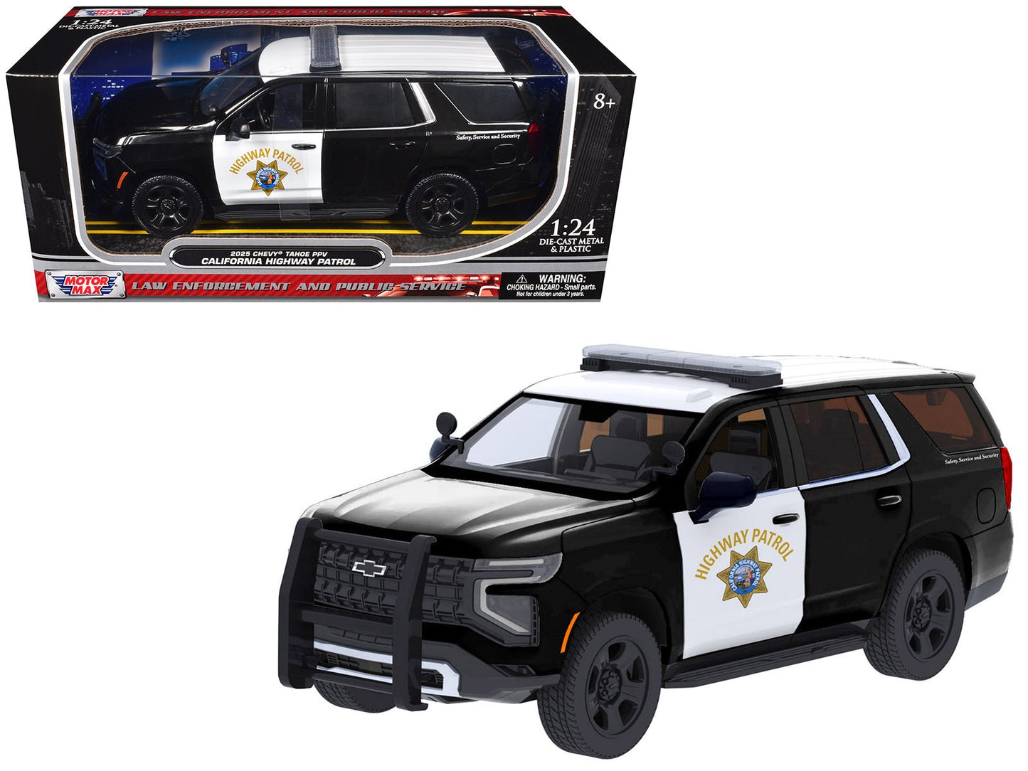 2025 Chevrolet Tahoe Police Pursuit Vehicle "California Highway Patrol" Black and White "Law Enforcement and Public Service" Series 1/24 Diecast Model Car by Motormax free shipping USA