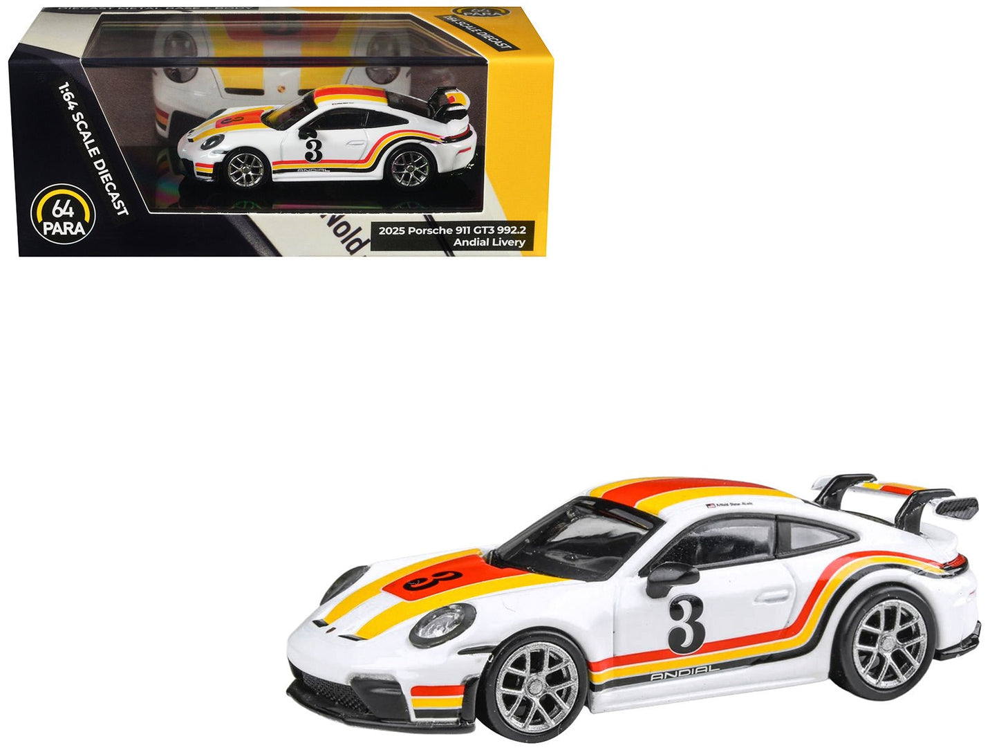 2025 Porsche 911 GT3 (992.2) #3 "Andial Livery" White with Stripes 1/64 Diecast Model Car by Paragon Models free shipping USA
