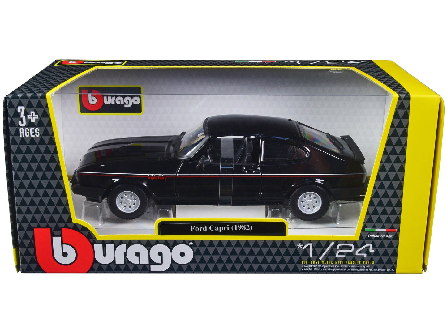 1982 Ford Capri Black with Stripes 1/24 Diecast Model Car by Bburago free shipping USA