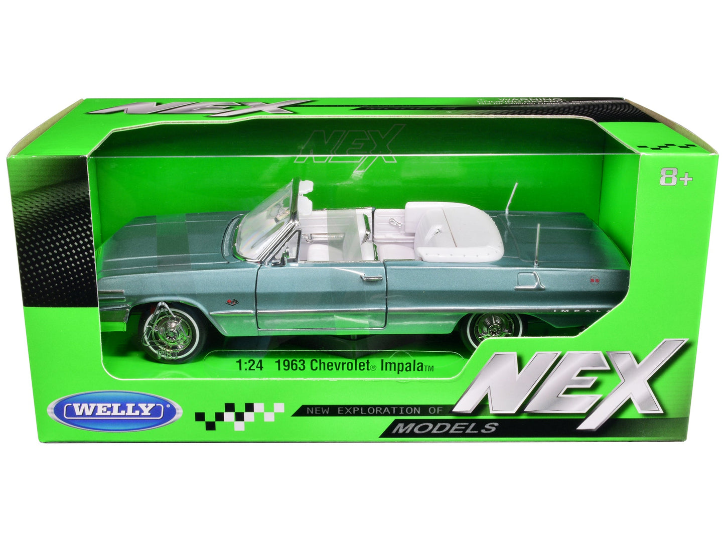 1963 Chevrolet Impala Convertible Light Blue Metallic with White Interior "NEX Models" 1/24 Diecast Model Car by Welly free shipping USA
