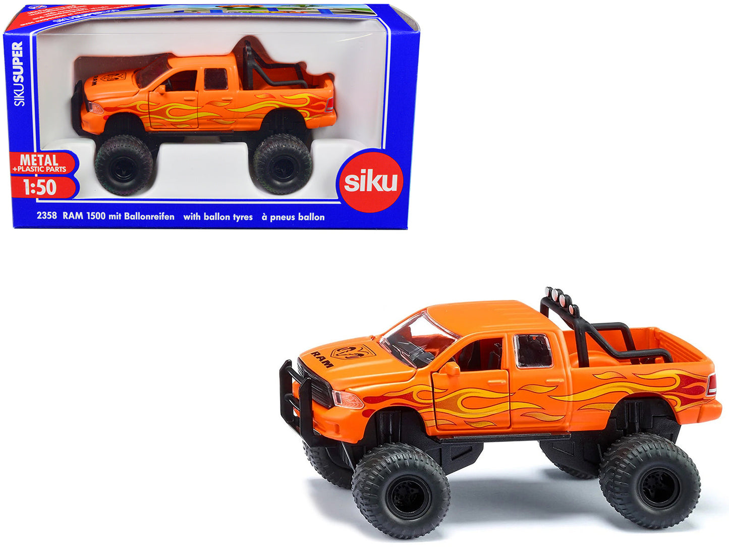 Ram 1500 Pickup Truck Lifted with Balloon Tires Orange with Flames 1/50 Diecast Model by Siku free shipping USA