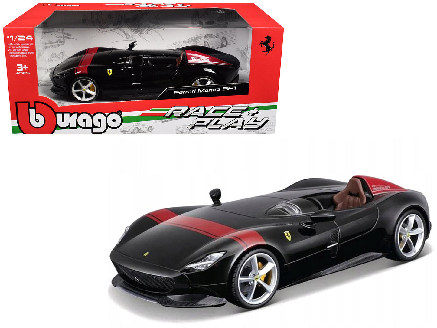 Ferrari Monza SP1 Black Metallic with Red Stripes "Race & Play" Series 1/24 Diecast Model Car by Bburago free shipping USA