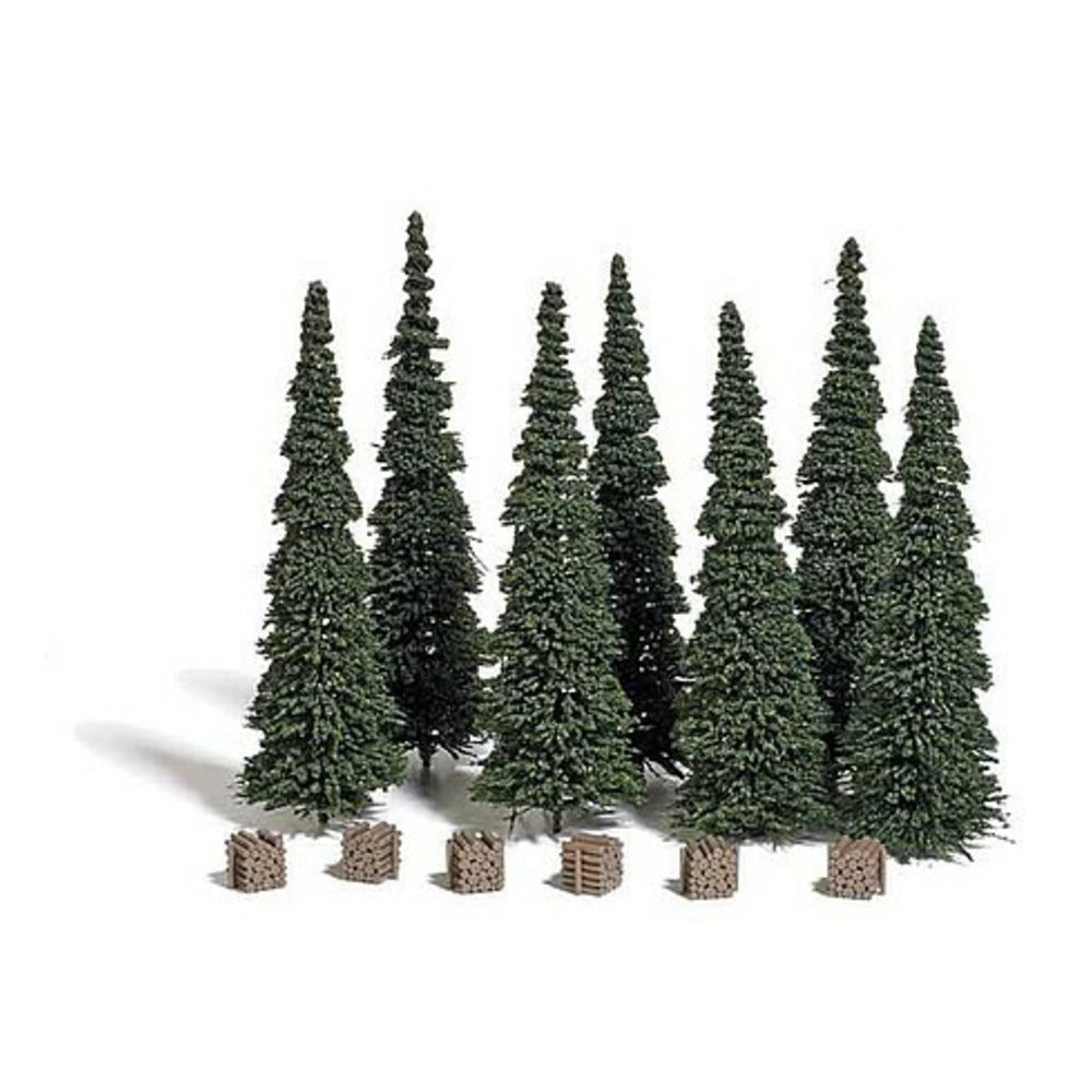 Busch 9755 HO Scale Fir Trees and 6 Wood Piles -- 4-3/4" 12cm Tall pkg(7)