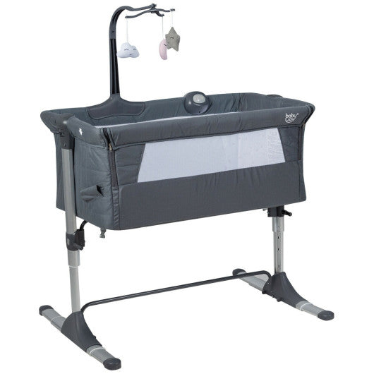 Height Adjustable Baby Side Crib with Music Box & Toys-Dark Gray