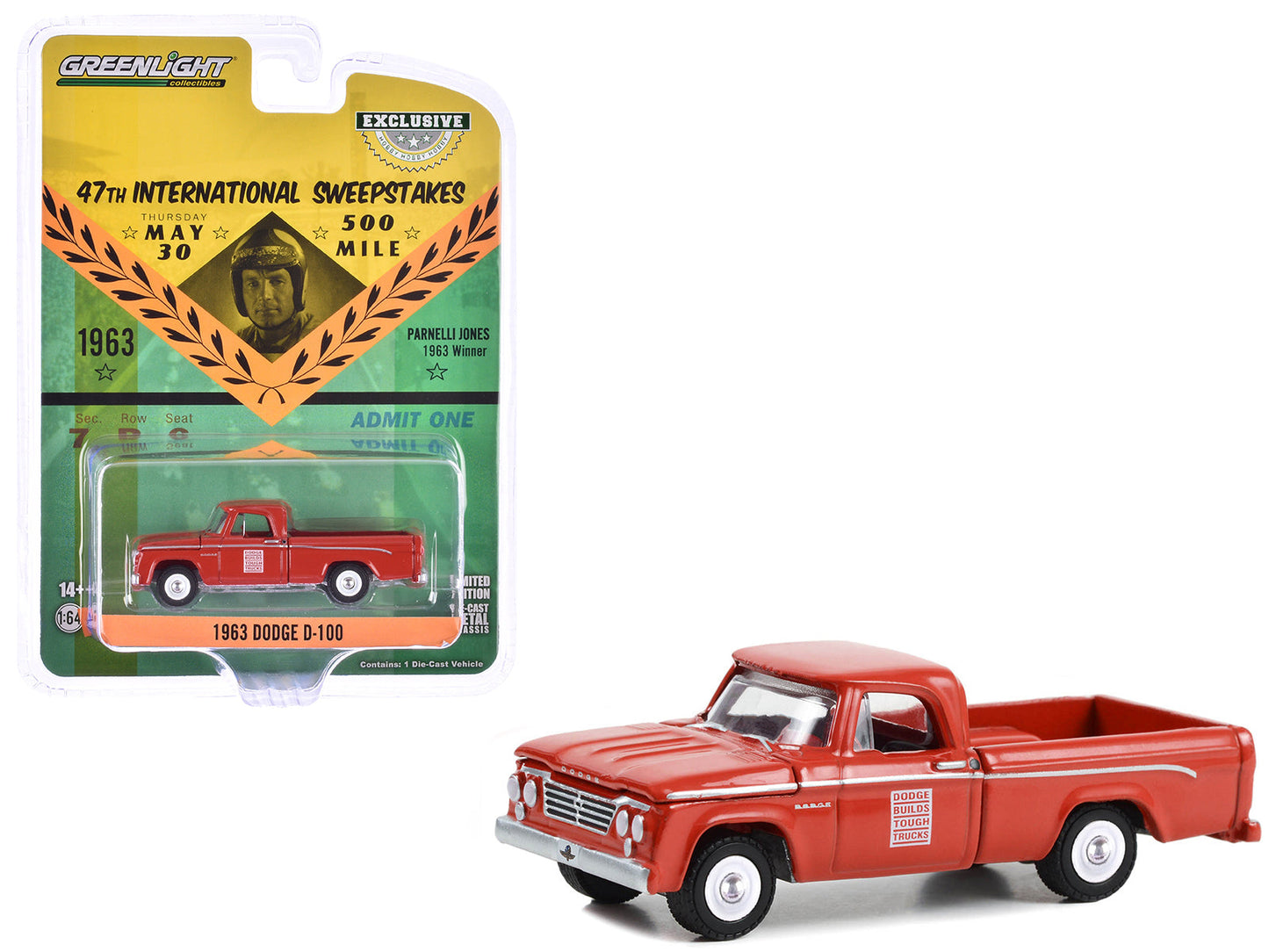1963 Dodge D-100 Pickup Truck "47th International 500 Mile Sweepstakes - Indianapolis 500 Official Truck" Red "Hobby Exclusive" Series 1/64 Diecast Model Car by Greenlight free shipping USA