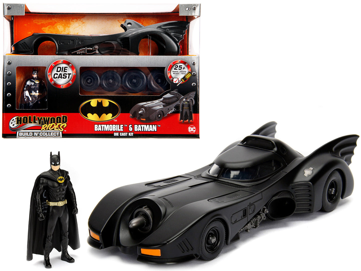 Model Kit Batmobile Matt Black with Batman Diecast Figurine "Batman" (1989) Movie "Build N' Collect" 1/24 Diecast Model Car by Jada free shipping USA