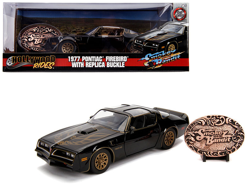 1977 Pontiac Firebird Trans Am Black with Replica Buckle "Smokey and the Bandit" (1977) Movie "Hollywood Rides" Series 1/24 Diecast Model Car by Jada free shipping USA