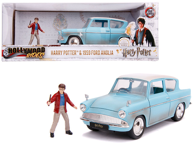 1959 Ford Anglia Light Blue (Weathered) with Harry Potter Diecast Figurine 1/24 Diecast Model Car by Jada free shipping USA